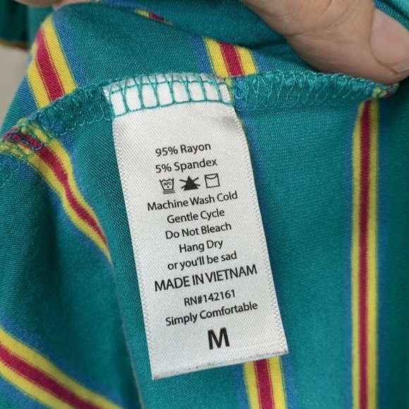 LulaRoe Women Blouse Size Medium Striped Green Yellow Short Sleeve Tunic Pullove - Picture 7 of 8